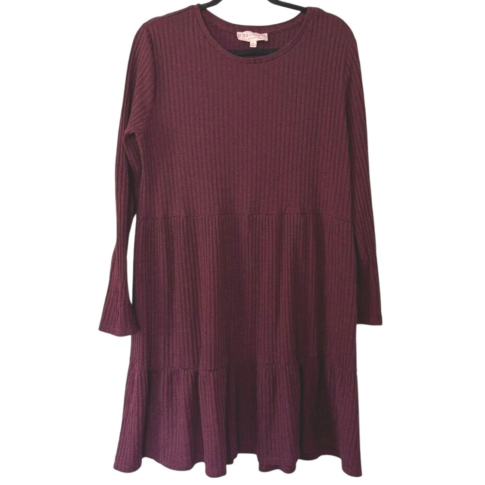 Philosophy Burgundy Ribbed Knit, Flowy Tiered Hem, Long Sleeve‎ Dress, Size XL